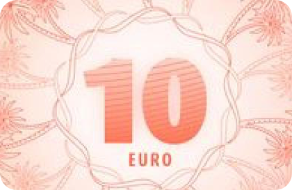 Design with number 10 and the word EURO, set against pink and red floral patterns.