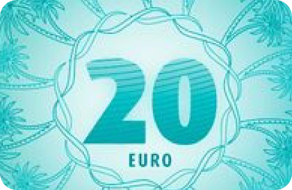 Design with number 20 and the word EURO, set against pink and red floral patterns.