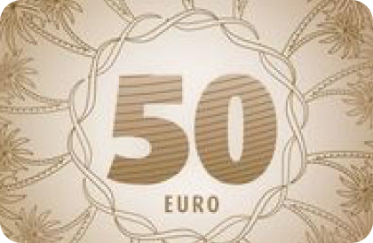 Design with number 50 and the word EURO, set against pink and red floral patterns.