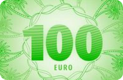 Design with number 100 and the word EURO, set against pink and red floral patterns.